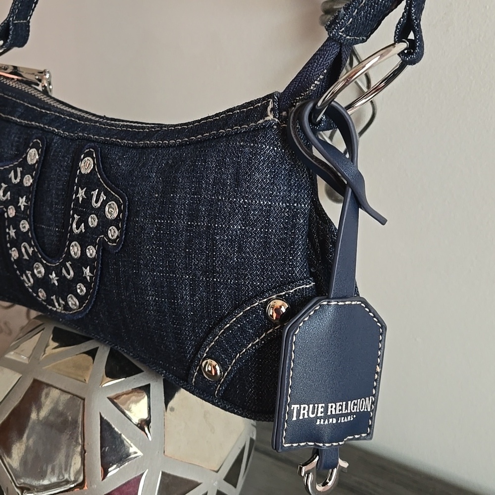 True Religion Rhinestone Studded Horseshoe Denim Shoulder Bag - Picture 4 of 10